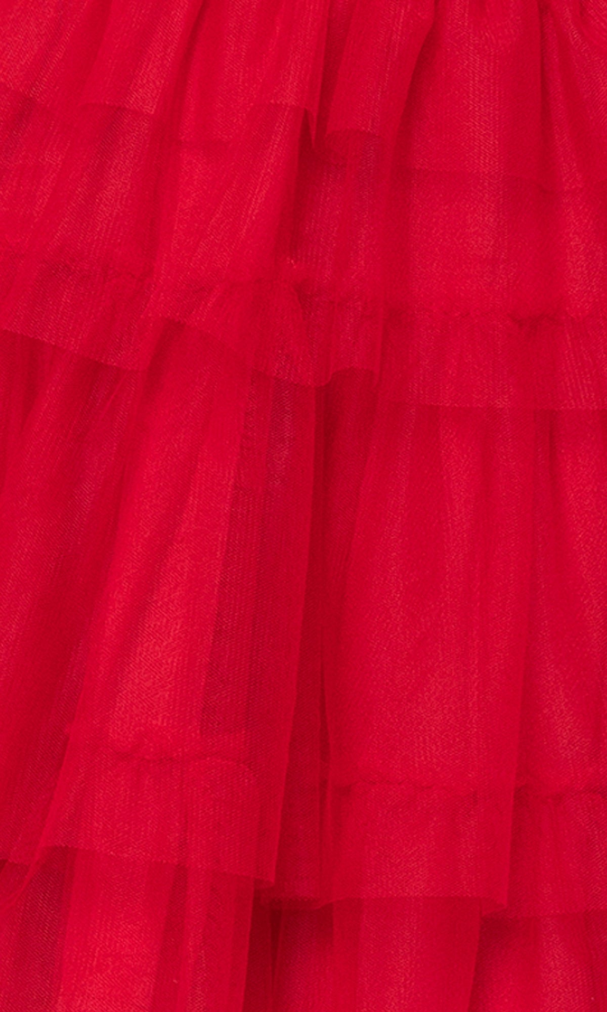Close-up of layered red tulle fabric with textured, ruffled tiers—ideal for the Cut-Out Short Ruffled Homecoming Dress 5098BN.